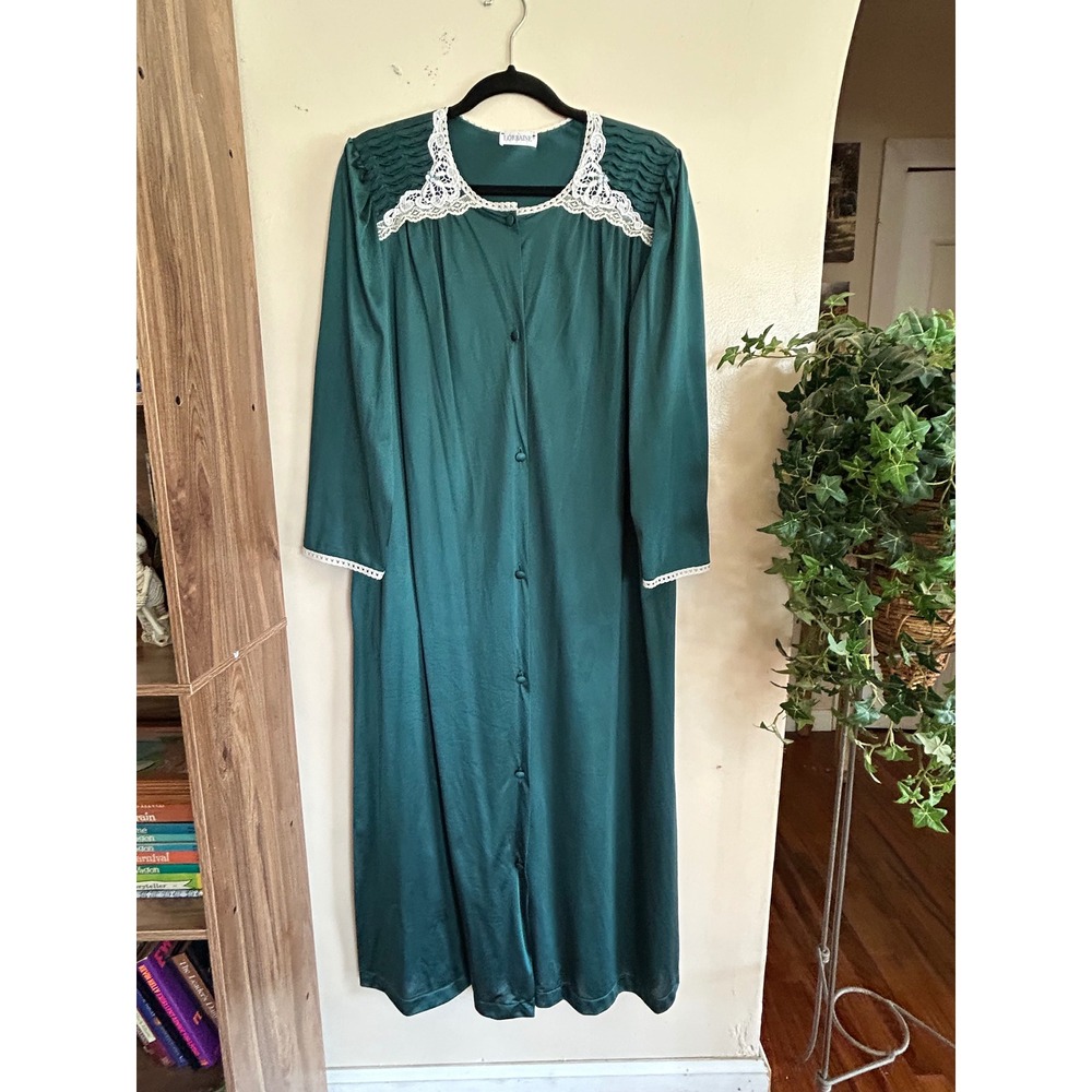 Vintage Lorraine Long Nightgown Robe Sz Large Green Excellent Lace Trim Pockets